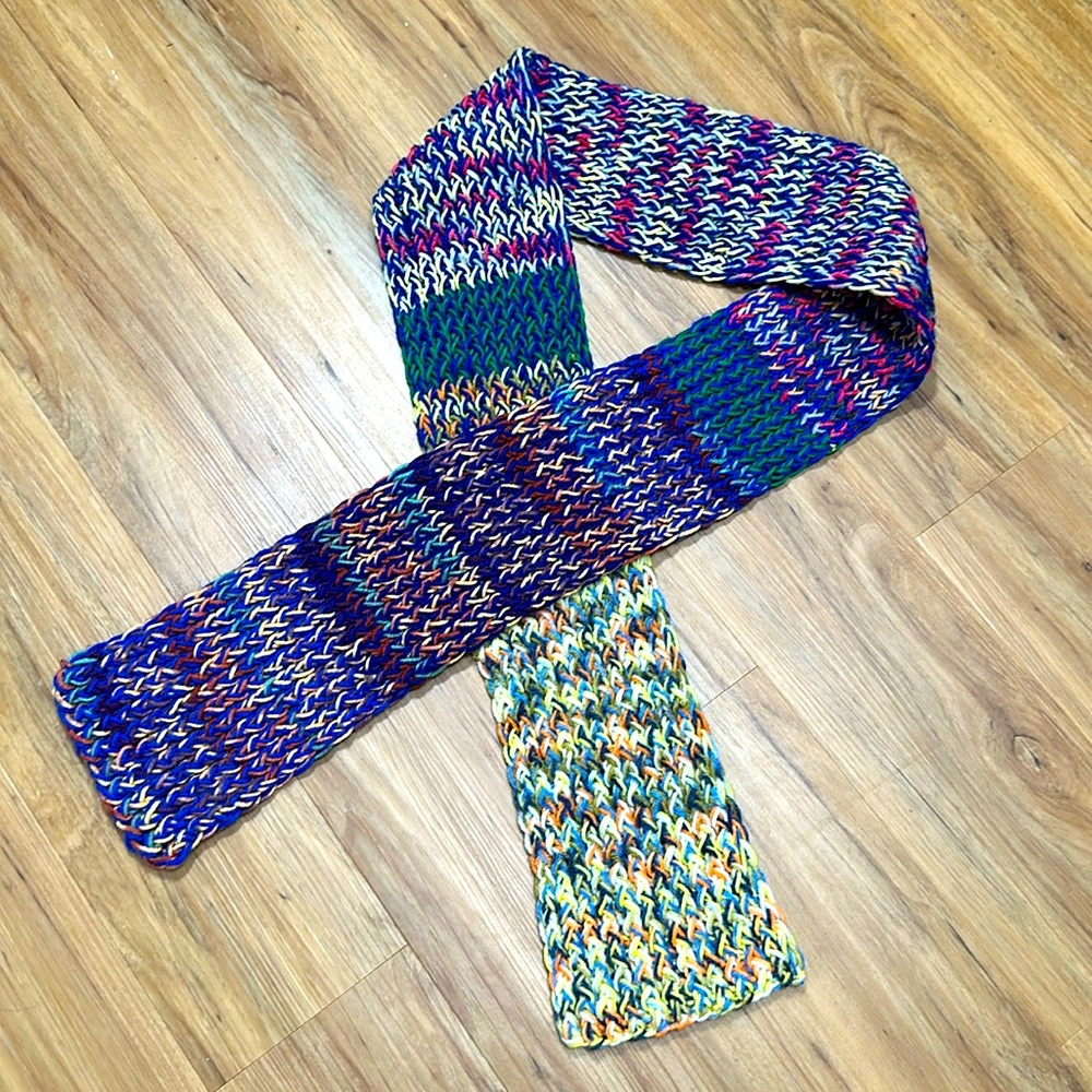 Hand Knit Winter Scarf - Handmade - Blue -Green - Yellow